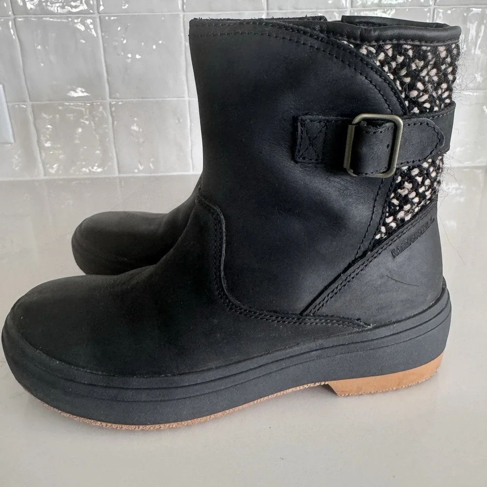 Merrell Holly 2 Buckle‎ Waterproof Boots Womens 5.5 Black Side Zip Wool J003628